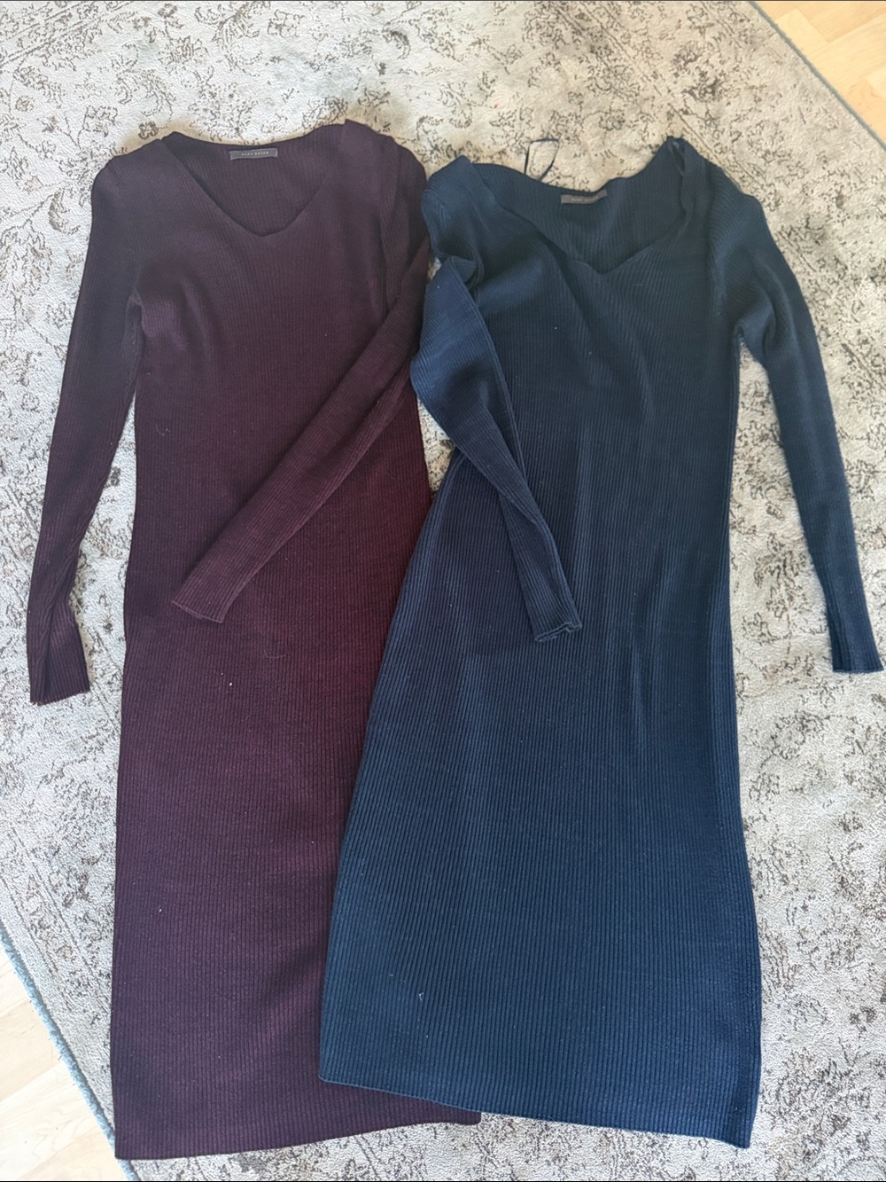 Two Ribbed Long Sleeve V-Neck Sweater Dresses in Burgundy and Navy